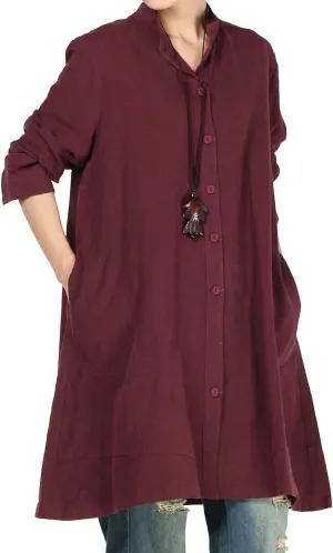 Minibee Women's Oversized Button Down Shirts Long Sleeve Cotton Linen Light Blouse Jacket With Pockets