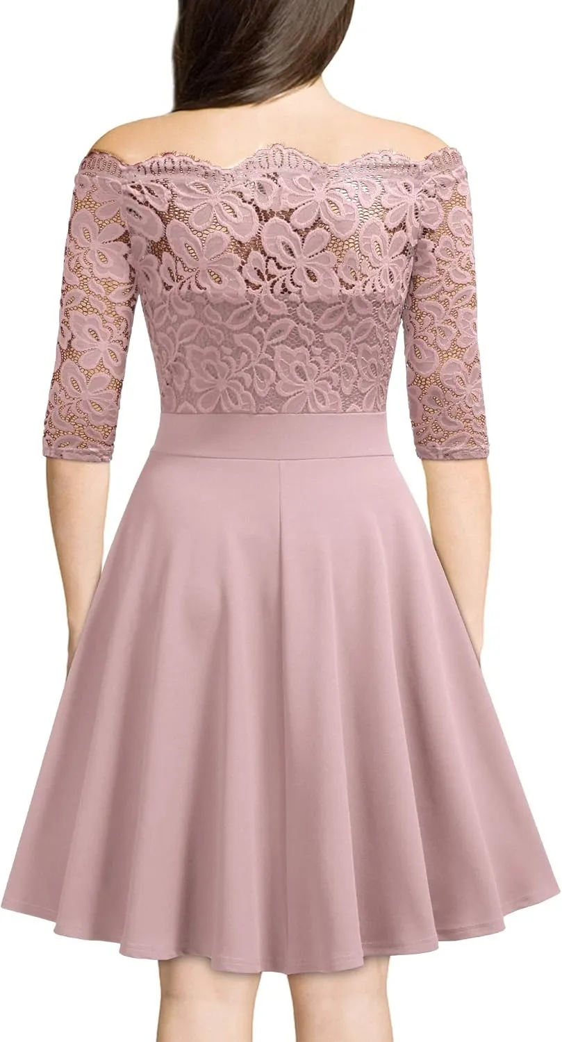 MISSMAY Women's Vintage Floral Lace Half Sleeve Boat Neck Formal Swing Dress