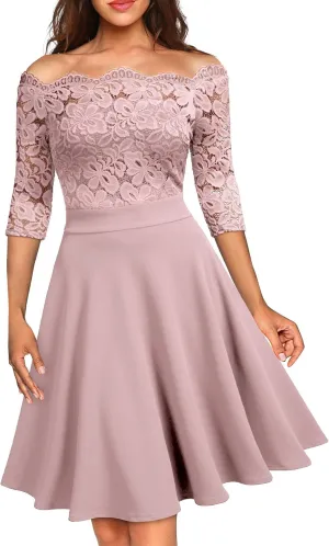 MISSMAY Women's Vintage Floral Lace Half Sleeve Boat Neck Formal Swing Dress