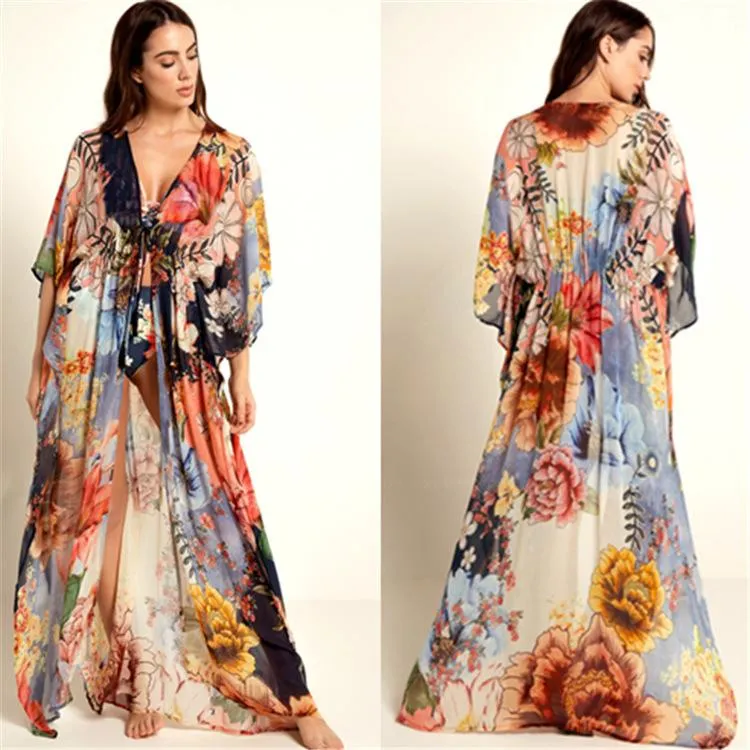 New Chiffon Big Flower Printed Loose Cover up