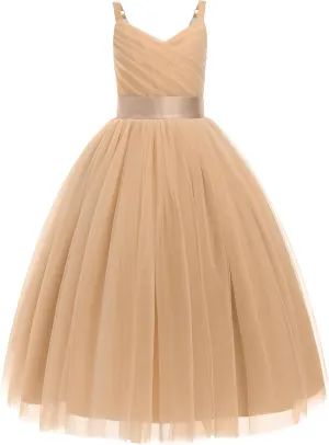 OBEEII Flower Girl Dress for Wedding Pleated V Neck Satin Tulle Princess Dress Junior Bridesmaids Pageant Formal Ball Gown
