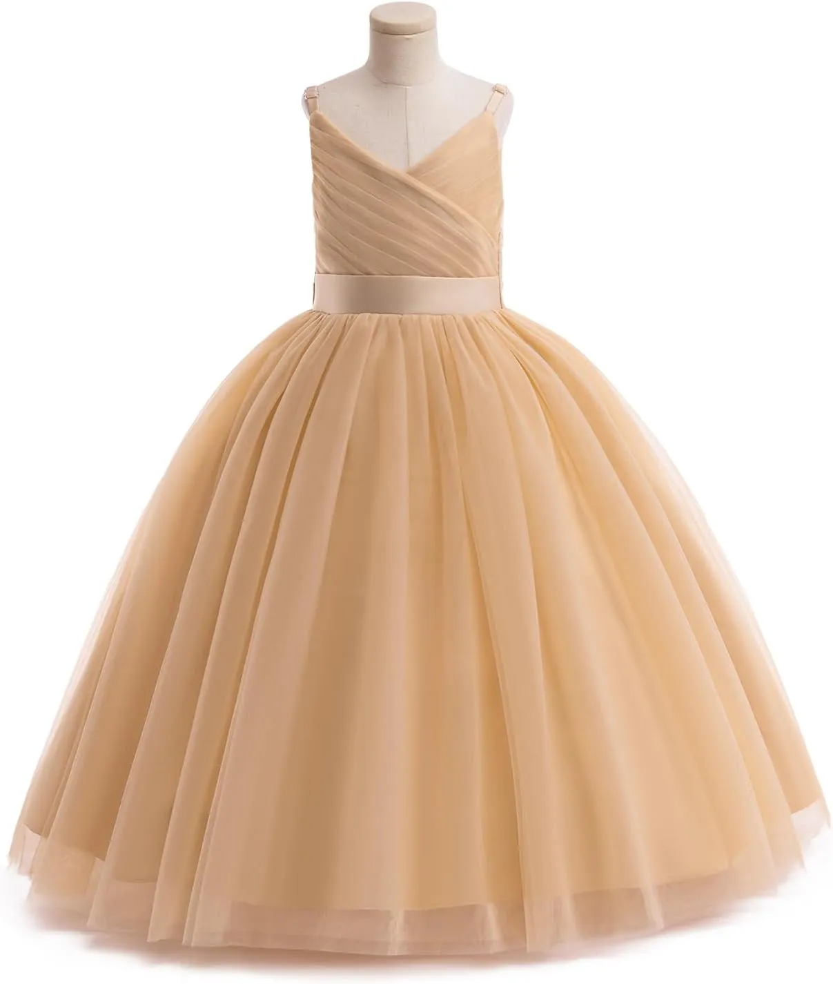OBEEII Flower Girl Dress for Wedding Pleated V Neck Satin Tulle Princess Dress Junior Bridesmaids Pageant Formal Ball Gown