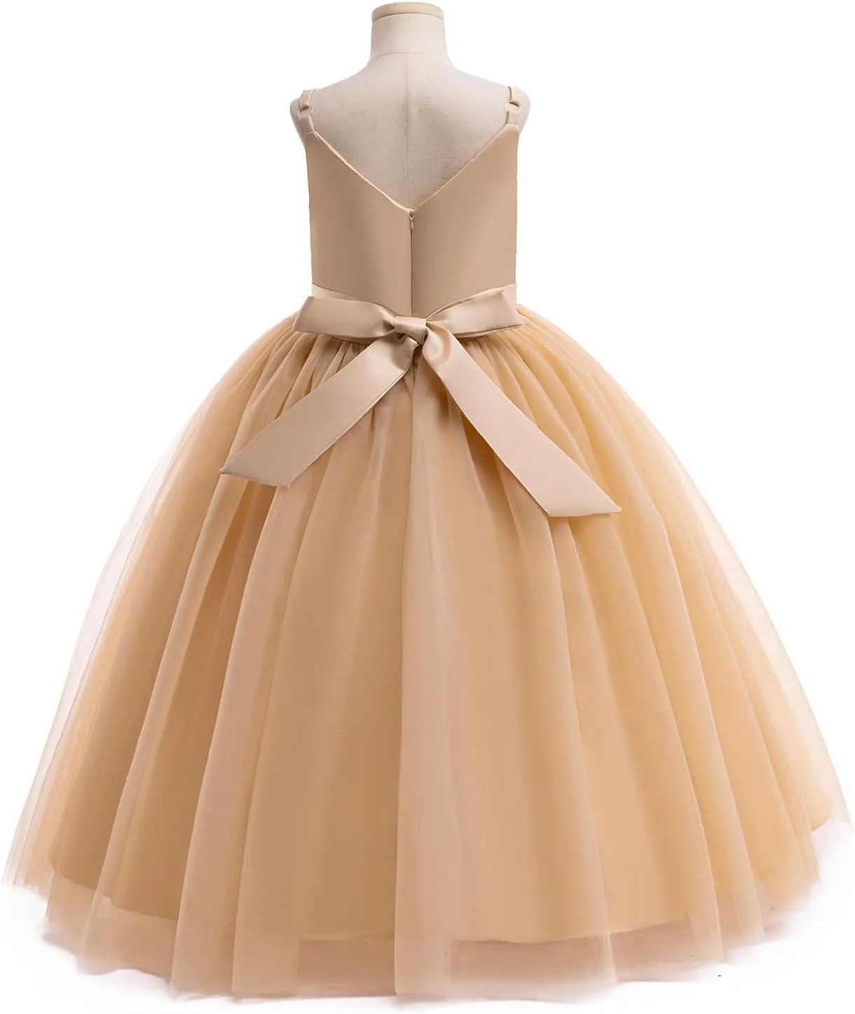 OBEEII Flower Girl Dress for Wedding Pleated V Neck Satin Tulle Princess Dress Junior Bridesmaids Pageant Formal Ball Gown