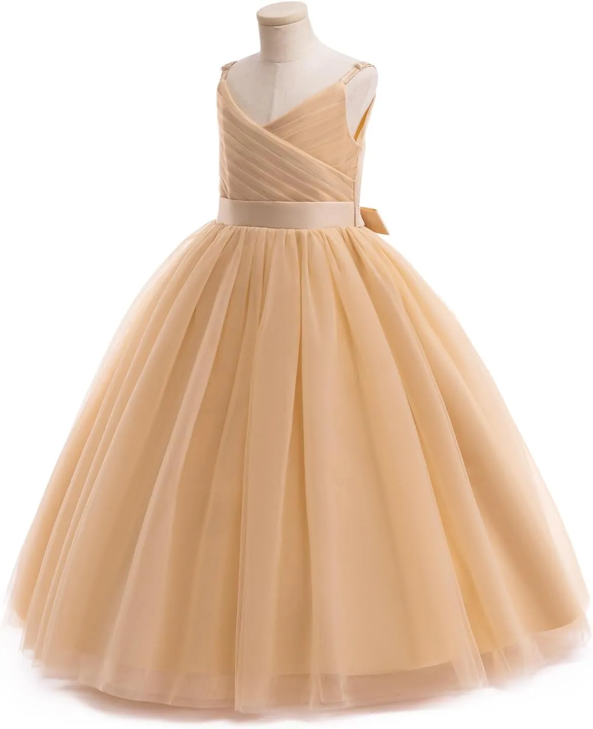 OBEEII Flower Girl Dress for Wedding Pleated V Neck Satin Tulle Princess Dress Junior Bridesmaids Pageant Formal Ball Gown