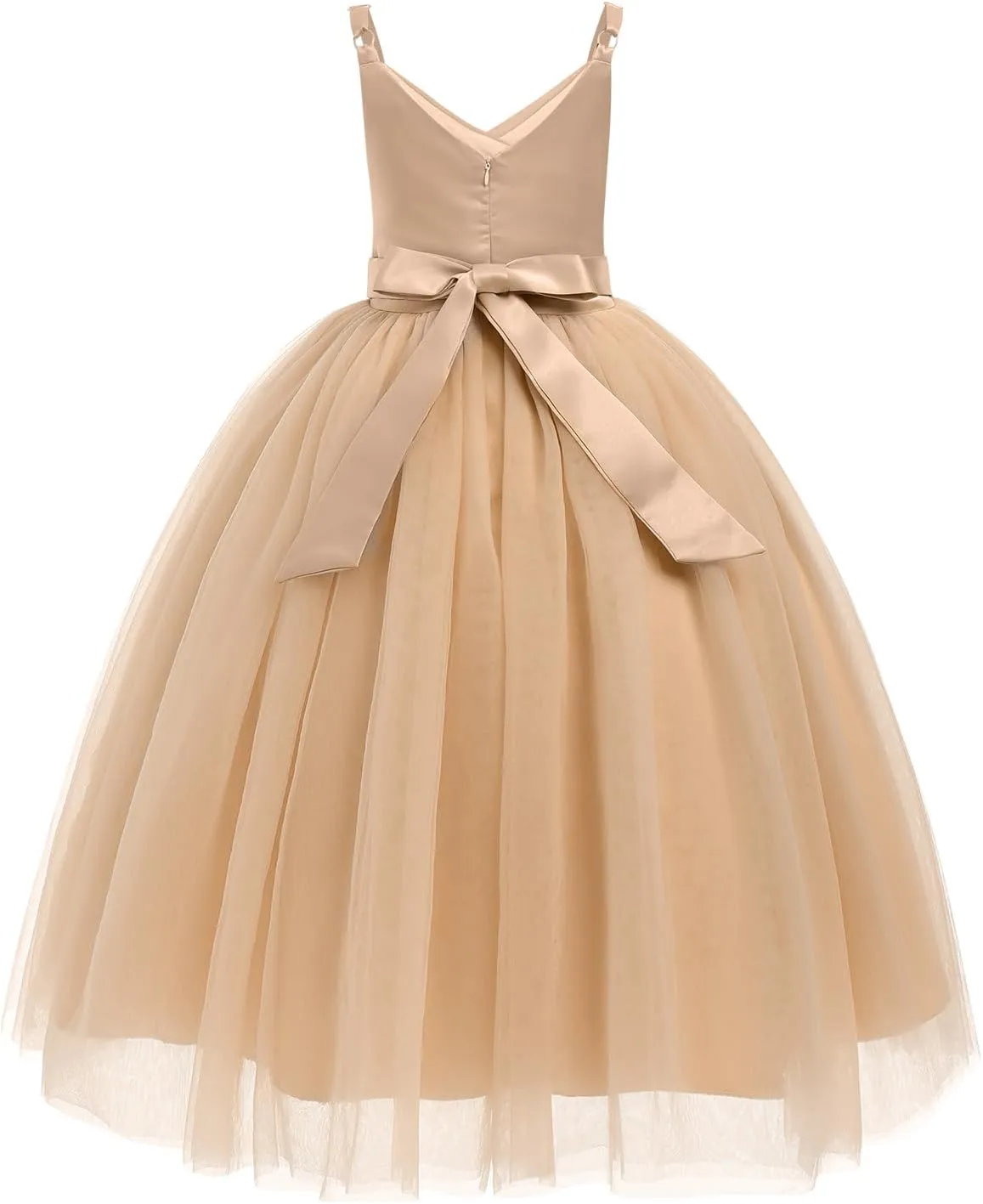 OBEEII Flower Girl Dress for Wedding Pleated V Neck Satin Tulle Princess Dress Junior Bridesmaids Pageant Formal Ball Gown