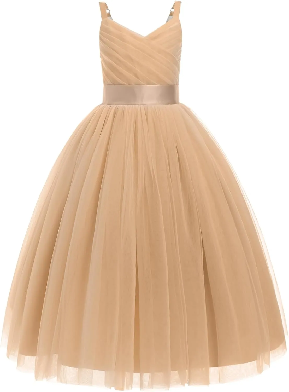 OBEEII Flower Girl Dress for Wedding Pleated V Neck Satin Tulle Princess Dress Junior Bridesmaids Pageant Formal Ball Gown
