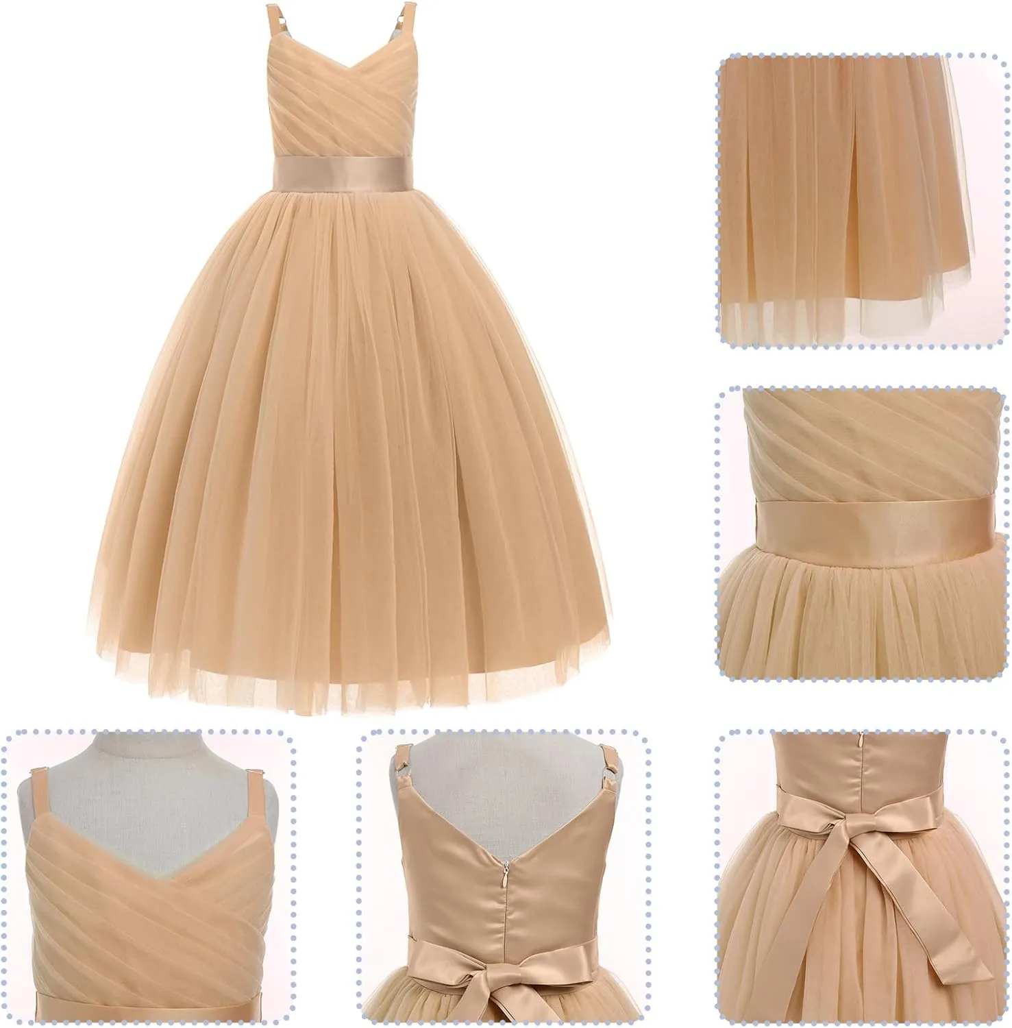 OBEEII Flower Girl Dress for Wedding Pleated V Neck Satin Tulle Princess Dress Junior Bridesmaids Pageant Formal Ball Gown