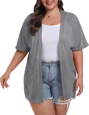 OLRIK Plus Size Lightweight Cardigan for Women Summer Sheer Short Sleeve Cardigan with Pockets Beach Cover Up