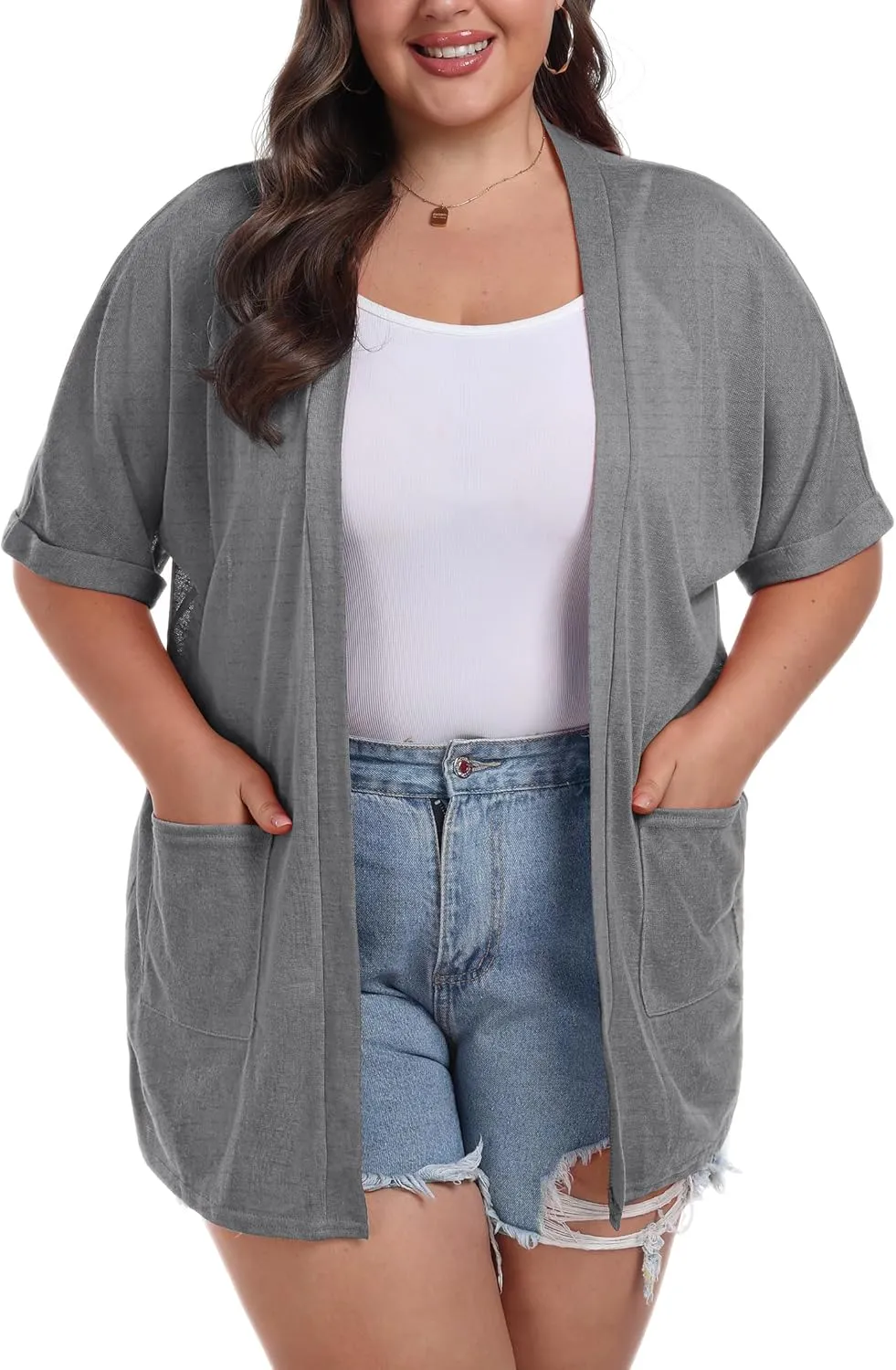 OLRIK Plus Size Lightweight Cardigan for Women Summer Sheer Short Sleeve Cardigan with Pockets Beach Cover Up