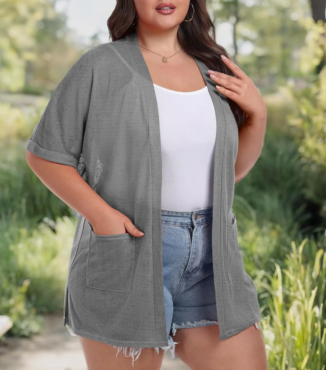 OLRIK Plus Size Lightweight Cardigan for Women Summer Sheer Short Sleeve Cardigan with Pockets Beach Cover Up