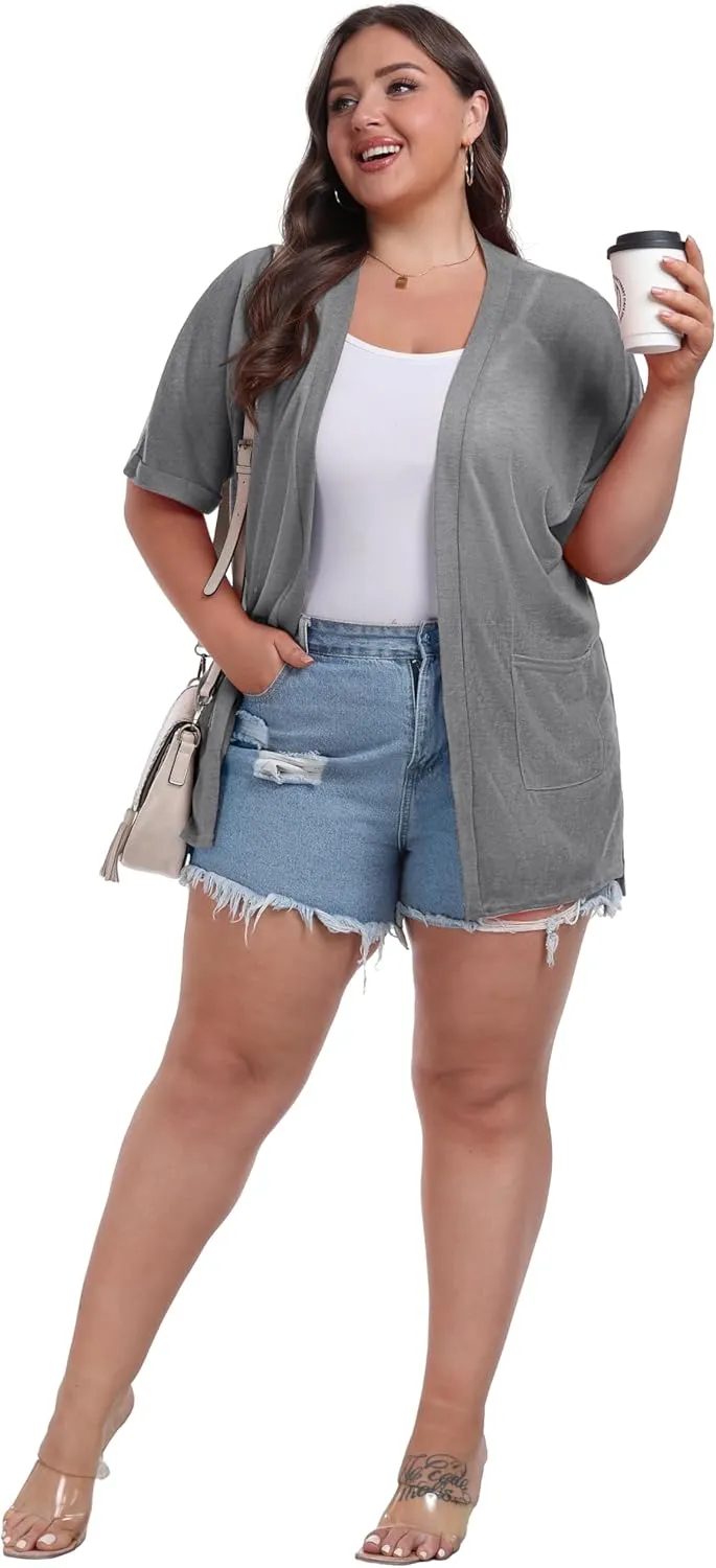 OLRIK Plus Size Lightweight Cardigan for Women Summer Sheer Short Sleeve Cardigan with Pockets Beach Cover Up
