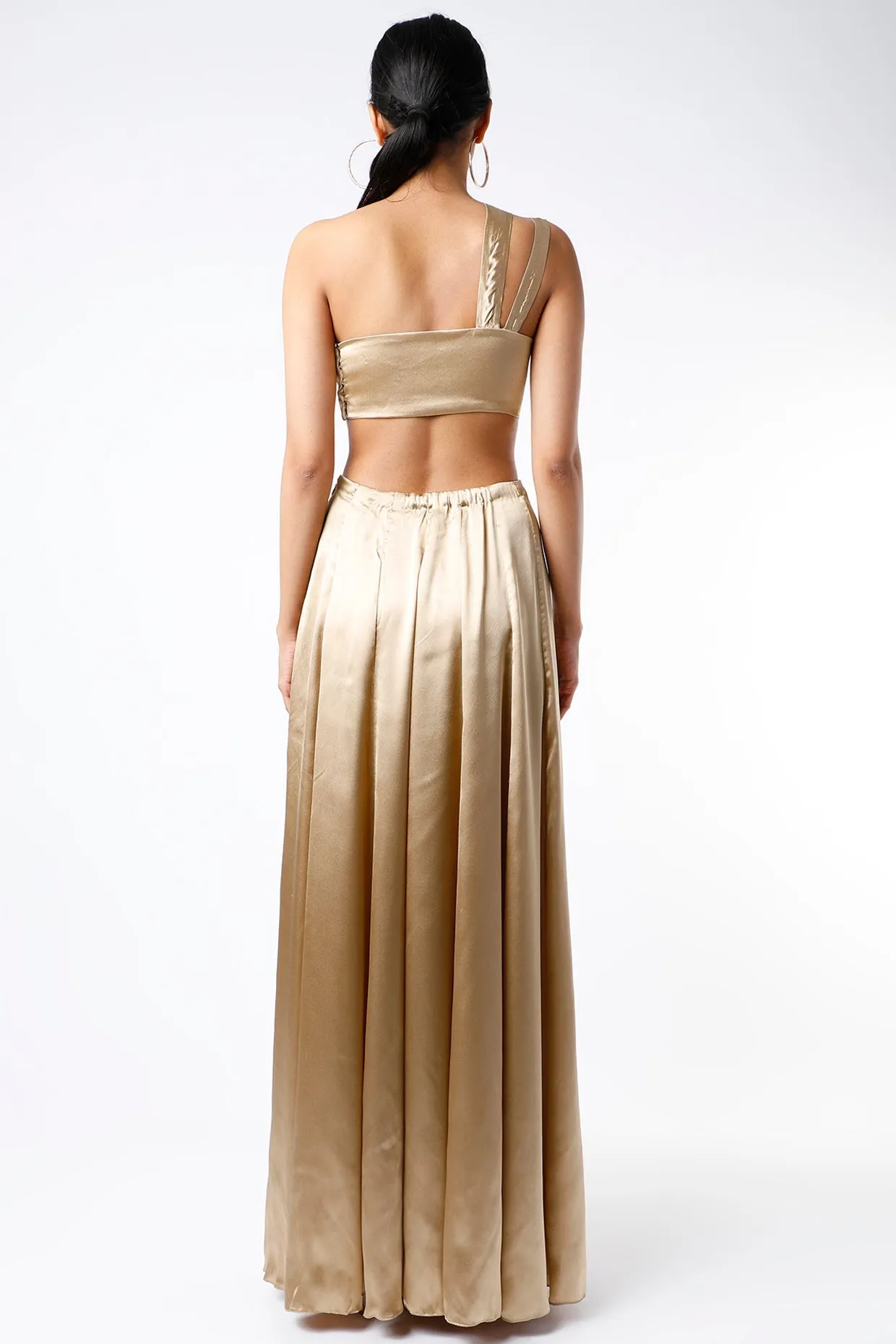 One Shoulder Gold Satin Cutout Long Dress