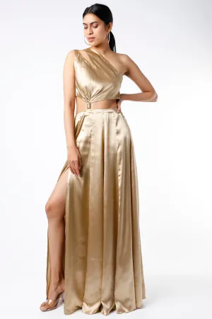 One Shoulder Gold Satin Cutout Long Dress