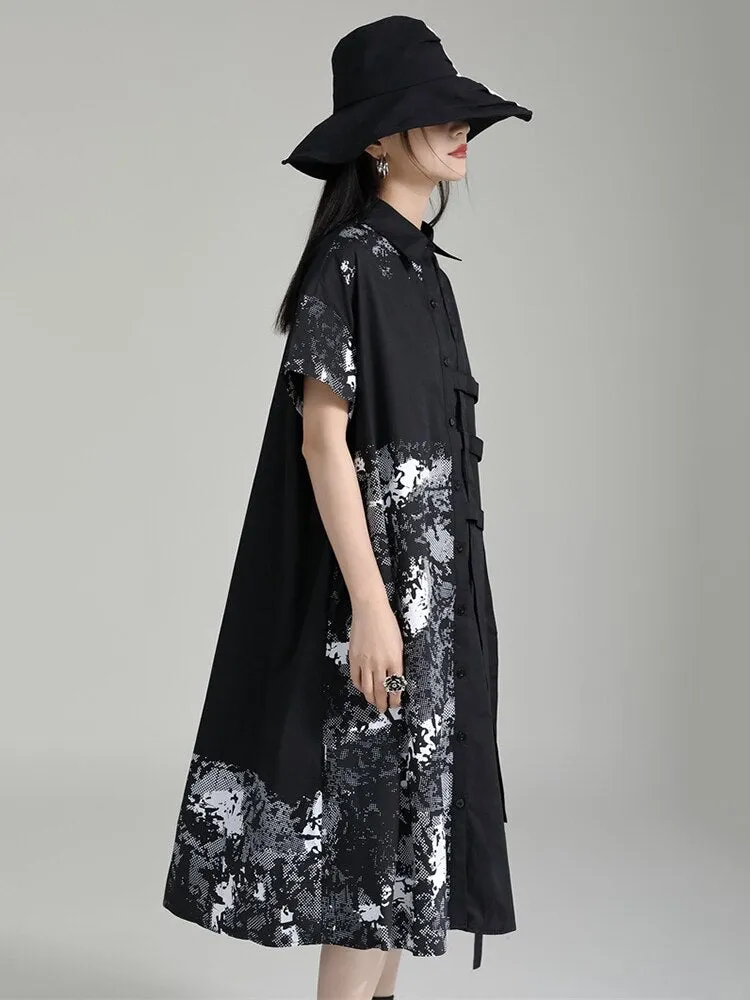 Pattern Printed Loose Fit Shirt Dress