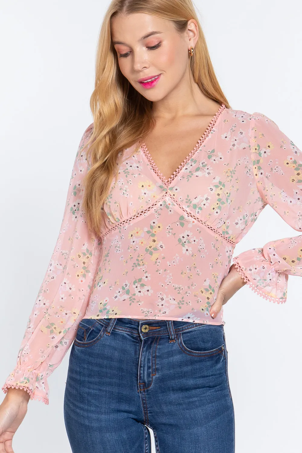 Pink Floral Long Ruffle Sleeve Chiffon Blouse Top_