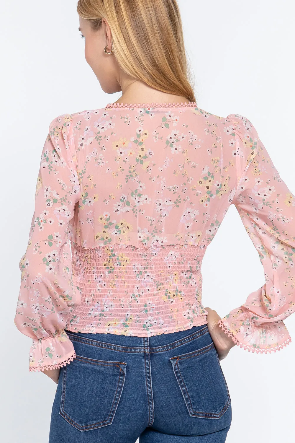 Pink Floral Long Ruffle Sleeve Chiffon Blouse Top_