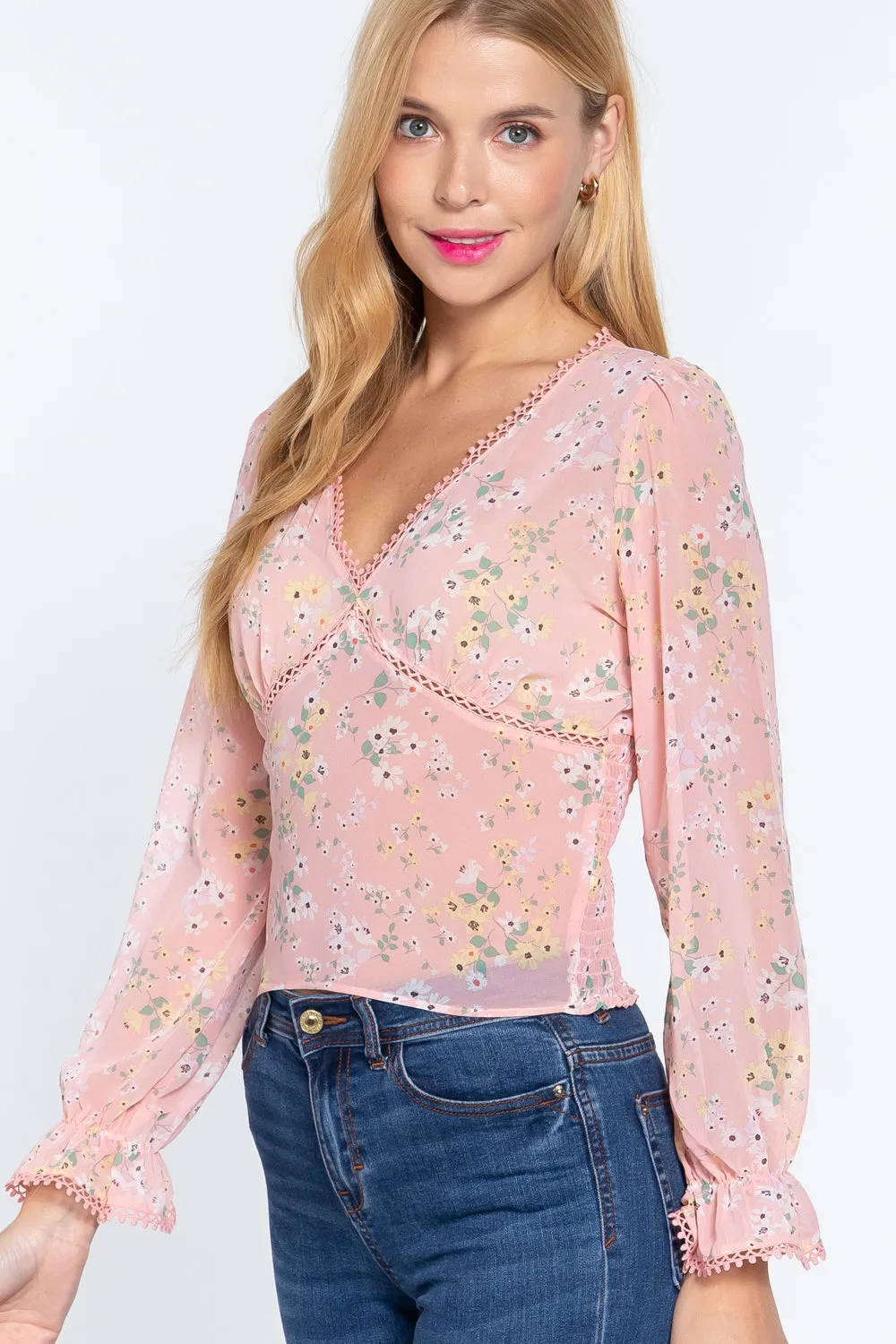 Pink Floral Long Ruffle Sleeve Chiffon Blouse Top_