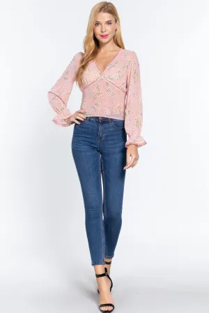 Pink Floral Long Ruffle Sleeve Chiffon Blouse Top_