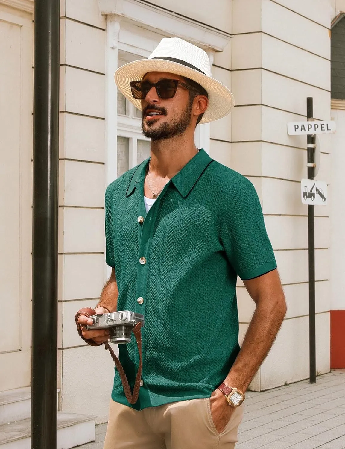 PJ PAUL JONES Men's Knit Polo Shirt Short Sleeve Button Down Shirt Vintage Summer Beach Shirts