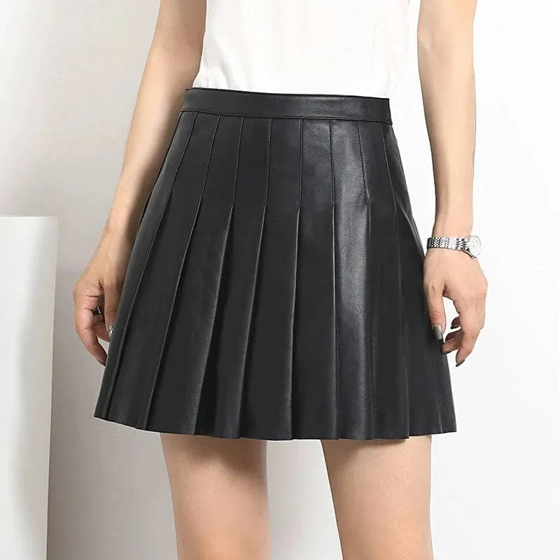 Pleated Mini Leather Skirt