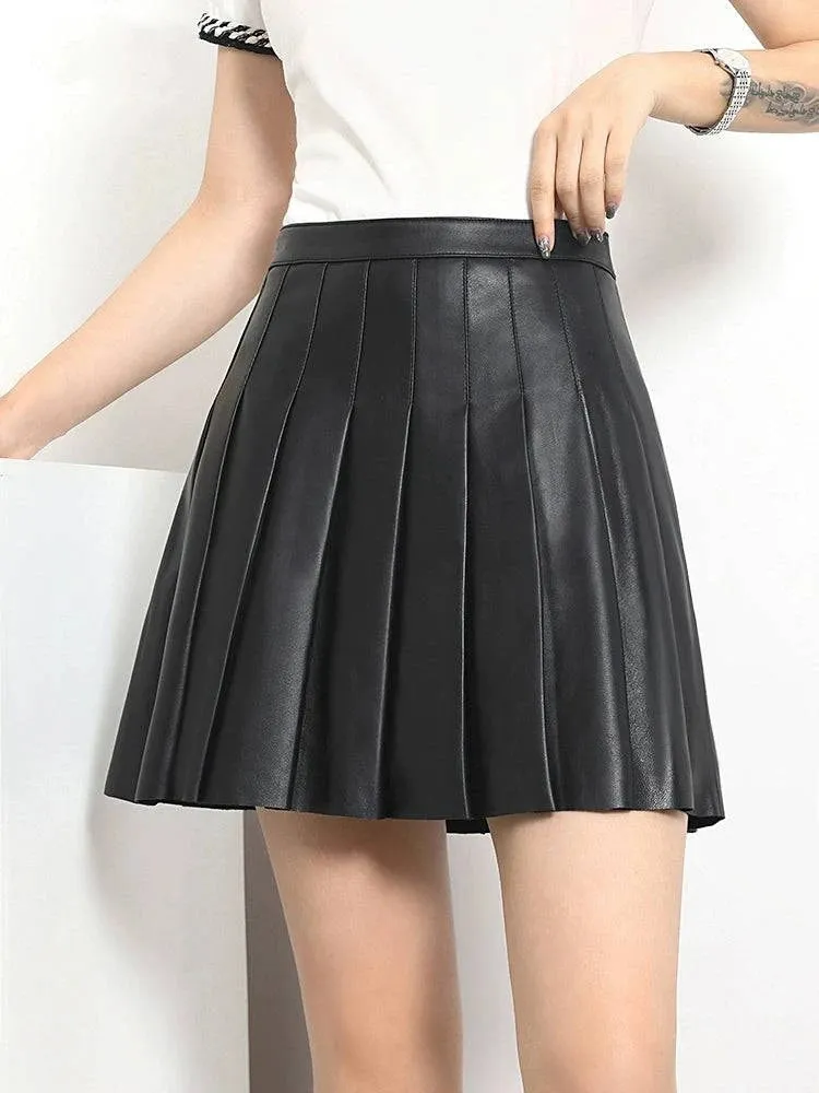 Pleated Mini Leather Skirt