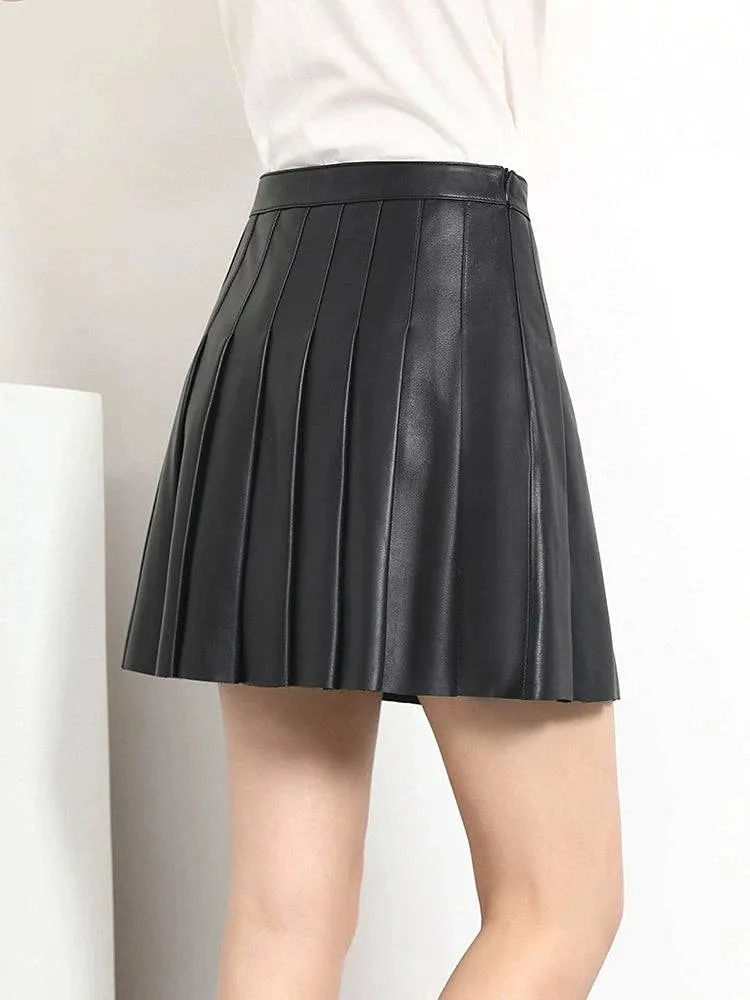 Pleated Mini Leather Skirt