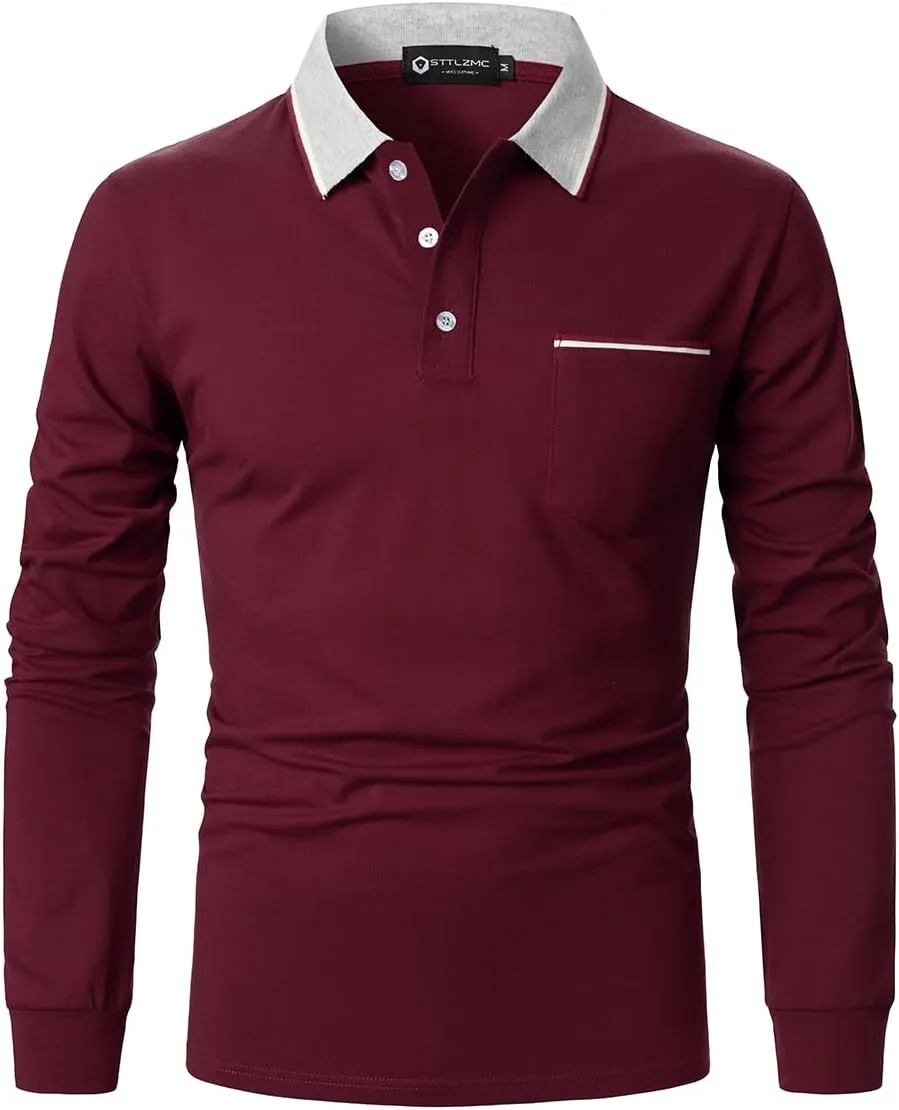 Polo Shirt for Men Long Sleeve Casual Basic Classic Golf Sport Cotton T-Shirt with Pocket