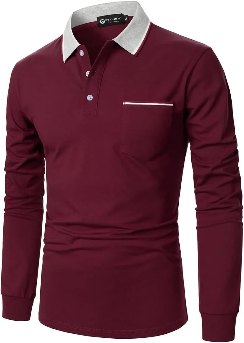 Polo Shirt for Men Long Sleeve Casual Basic Classic Golf Sport Cotton T-Shirt with Pocket