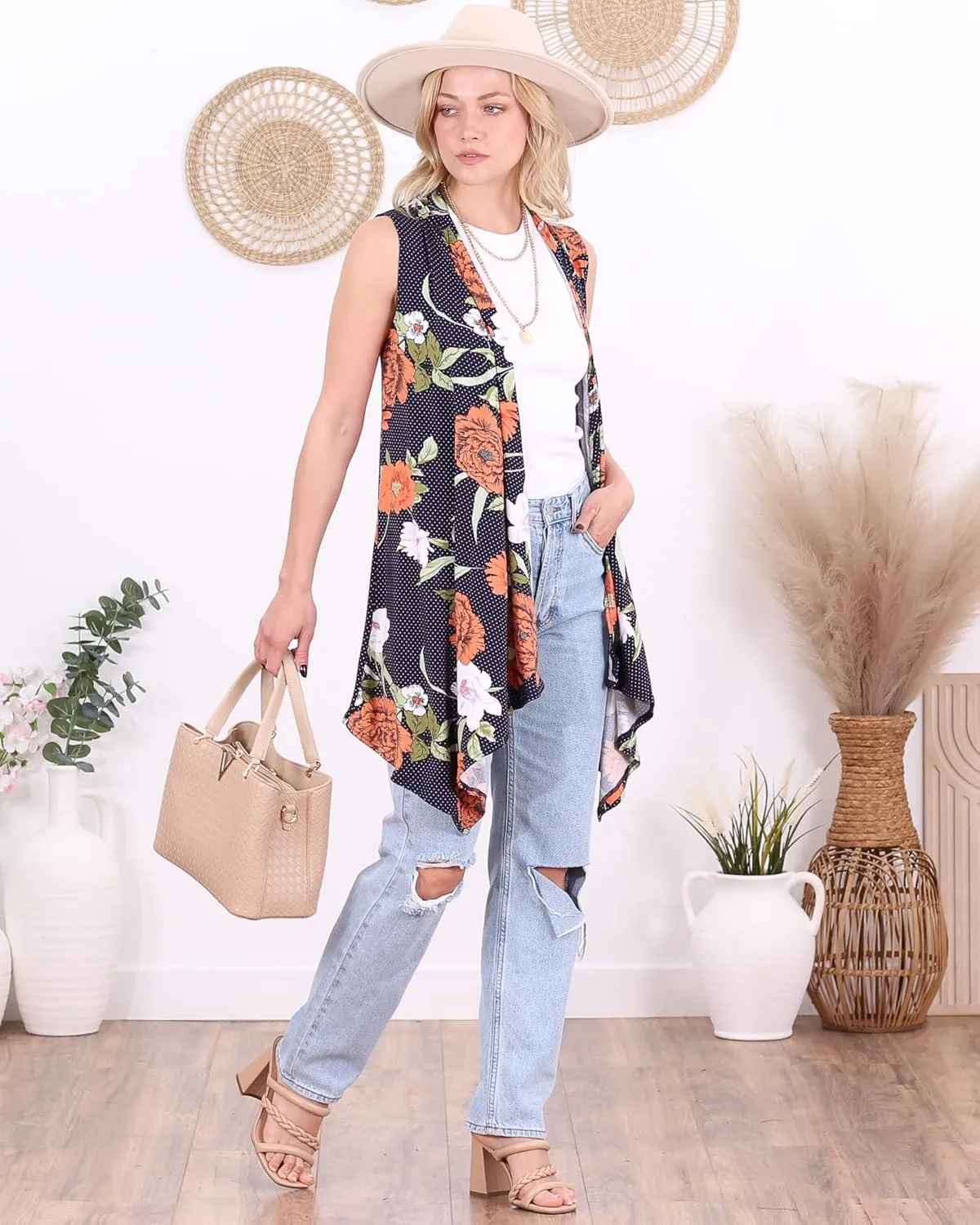 Popana Womens Sleeveless Lightweight Summer Open Front Long Duster Cardigan Vest Plus Size Made in USA