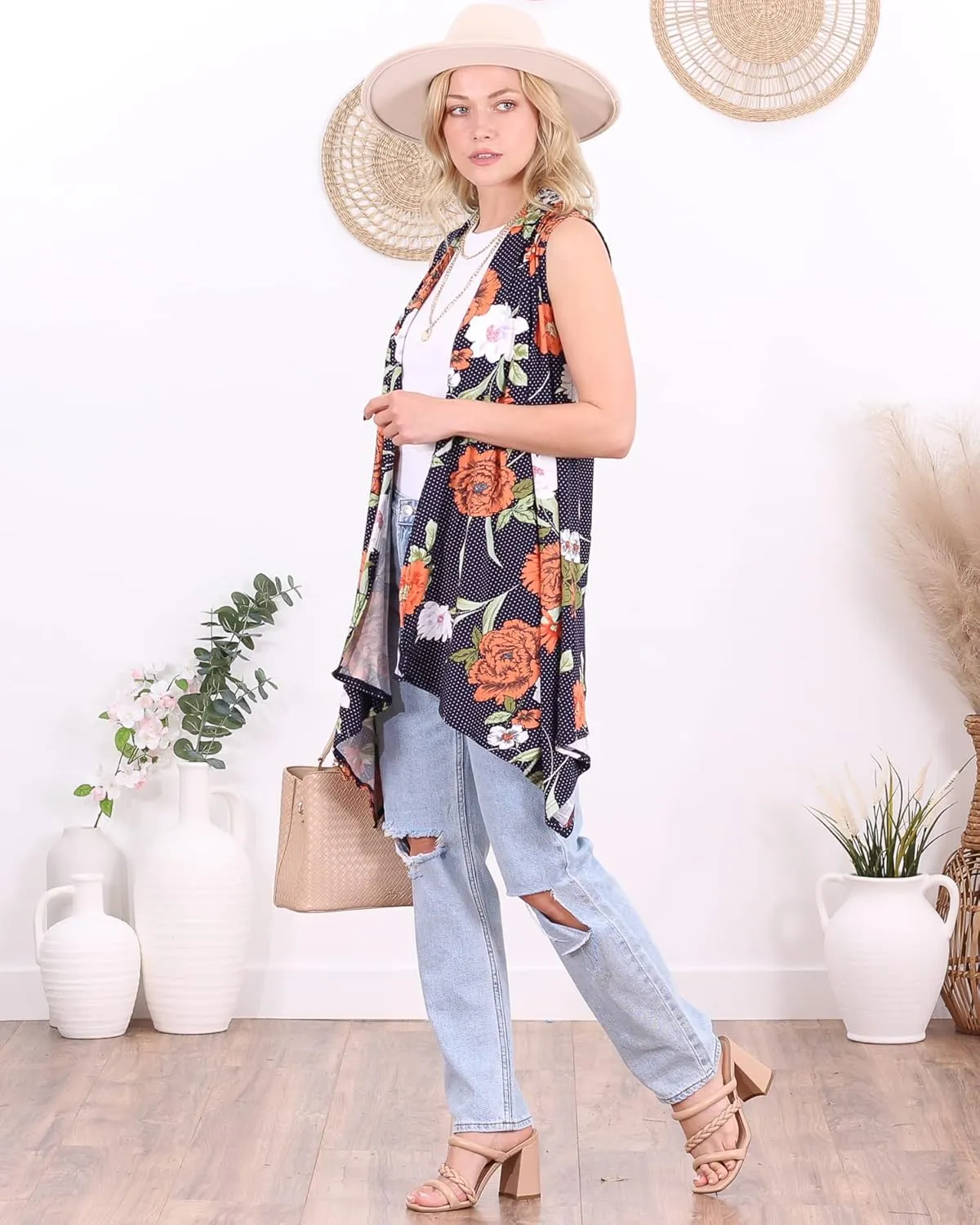 Popana Womens Sleeveless Lightweight Summer Open Front Long Duster Cardigan Vest Plus Size Made in USA
