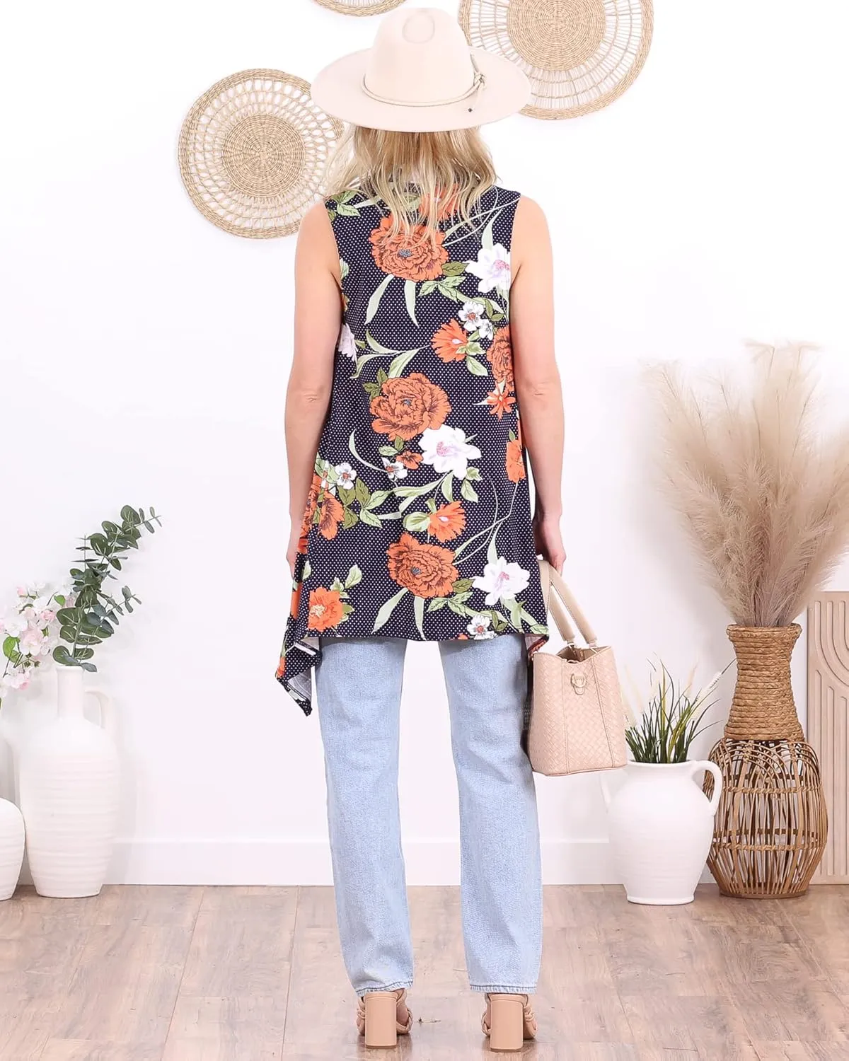 Popana Womens Sleeveless Lightweight Summer Open Front Long Duster Cardigan Vest Plus Size Made in USA