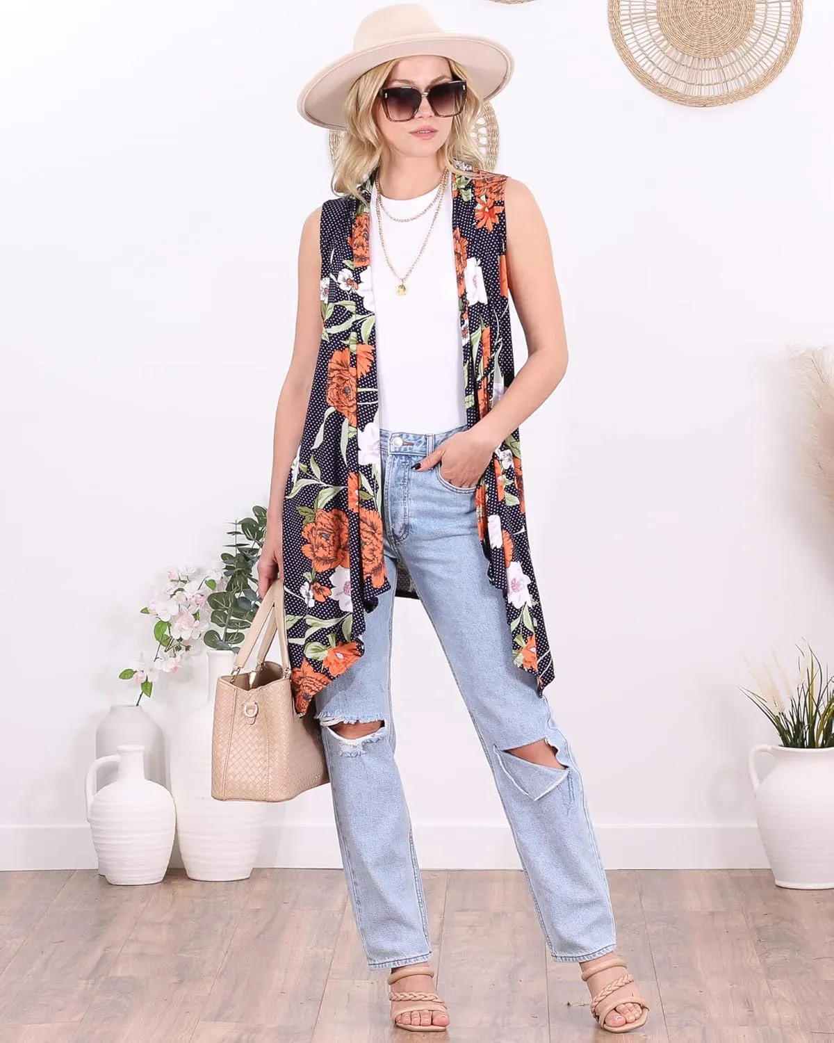 Popana Womens Sleeveless Lightweight Summer Open Front Long Duster Cardigan Vest Plus Size Made in USA