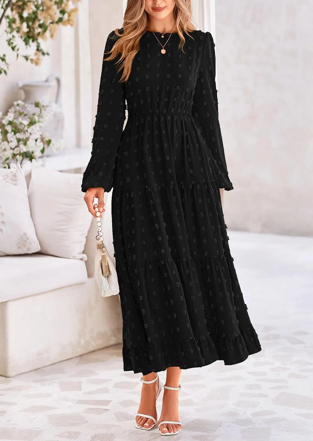 PRETTYGARDEN Women's Fall Spring Elegant Long Sleeve Maxi Dress Swiss Dot A Line Flowy Casual Holiday Party Going Out Dresses