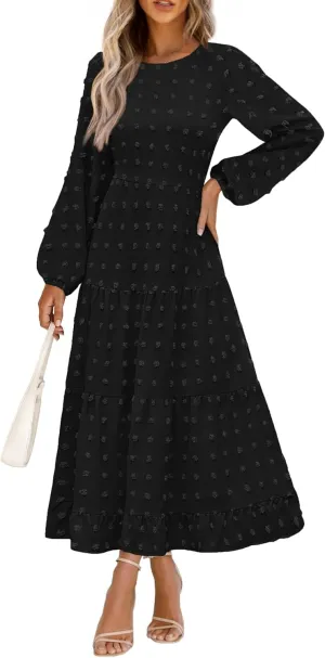 PRETTYGARDEN Women's Fall Spring Elegant Long Sleeve Maxi Dress Swiss Dot A Line Flowy Casual Holiday Party Going Out Dresses