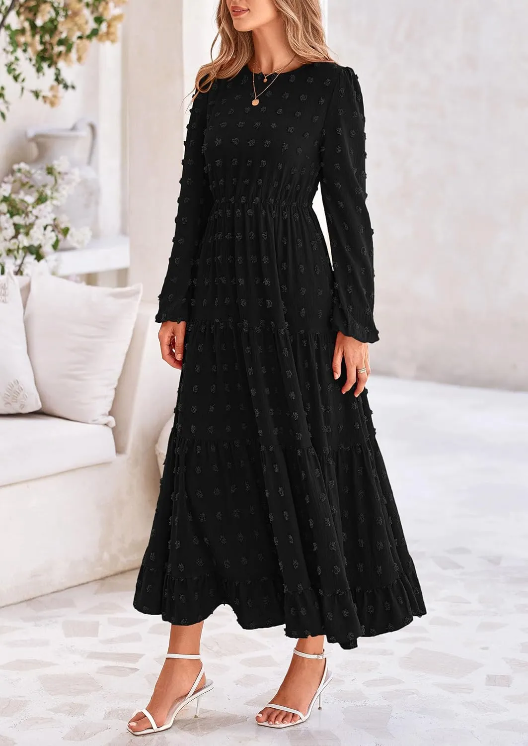 PRETTYGARDEN Women's Fall Spring Elegant Long Sleeve Maxi Dress Swiss Dot A Line Flowy Casual Holiday Party Going Out Dresses