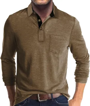 PrettyGuide Men's Long Sleeve Polo Shirts Lightweight Casual Button Polo T Shirt Basic Golf Shirt with Pocket