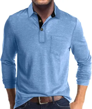 PrettyGuide Men's Long Sleeve Polo Shirts Lightweight Casual Button Polo T Shirt Basic Golf Shirt with Pocket