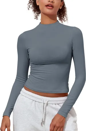 PrettyGuide Women's Cotton Long Sleeve Shirts Mock Neck Basic Tee Tight Fitted Fall Going Out Tops