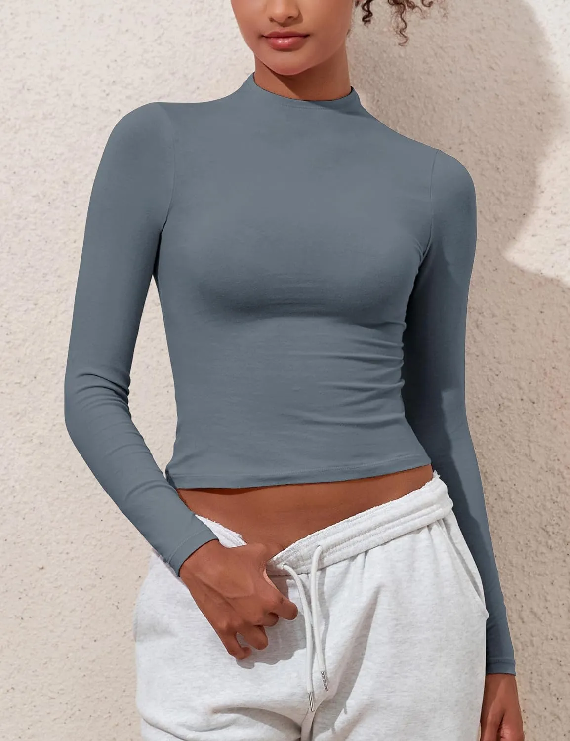 PrettyGuide Women's Cotton Long Sleeve Shirts Mock Neck Basic Tee Tight Fitted Fall Going Out Tops