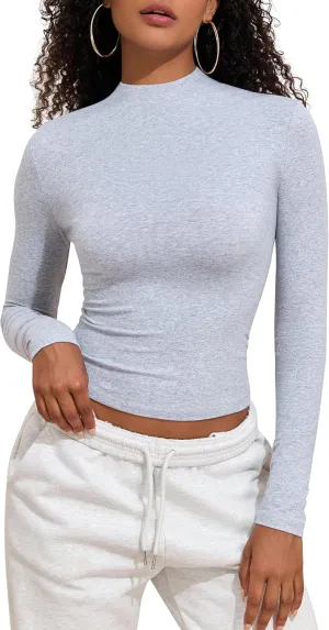 PrettyGuide Women's Cotton Long Sleeve Shirts Mock Neck Basic Tee Tight Fitted Fall Going Out Tops