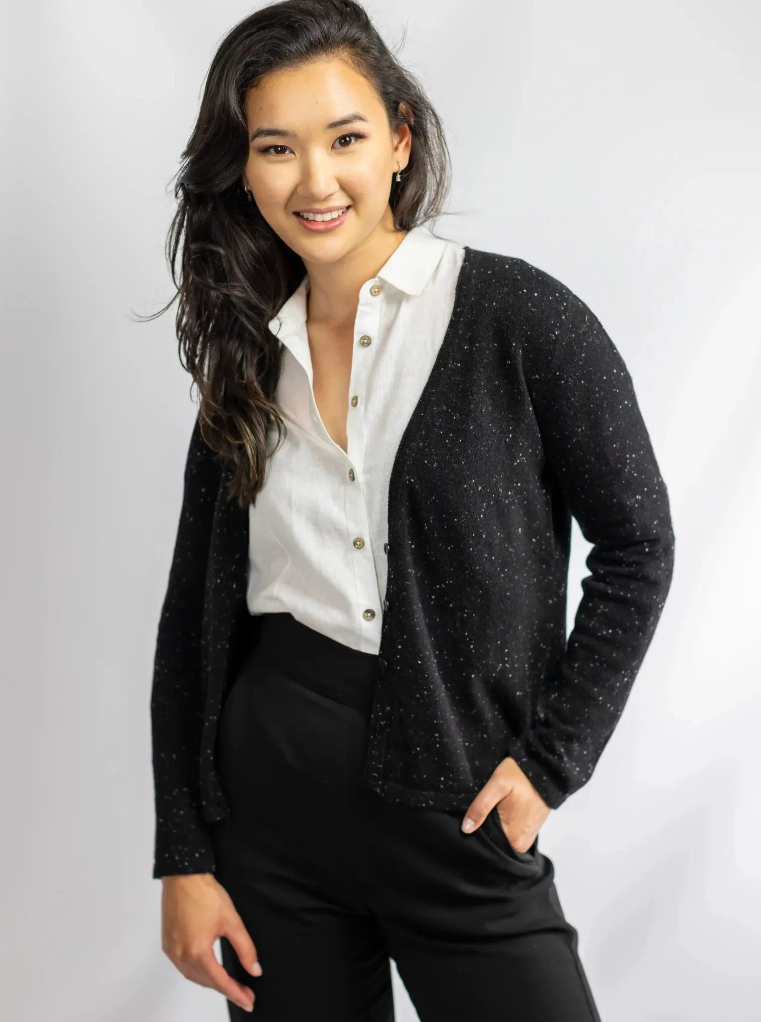 Pure Cashmere V-Neck Cardigan | Black with White Fleck