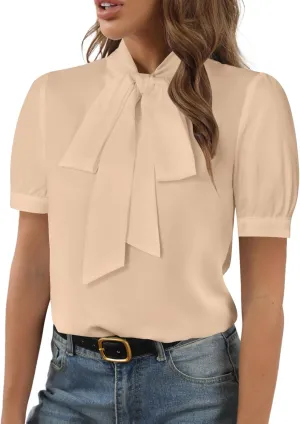 Rooscier Women's Bow Tie Neck Short Sleeve Elegant Office Workwear Blouse Shirt Tops