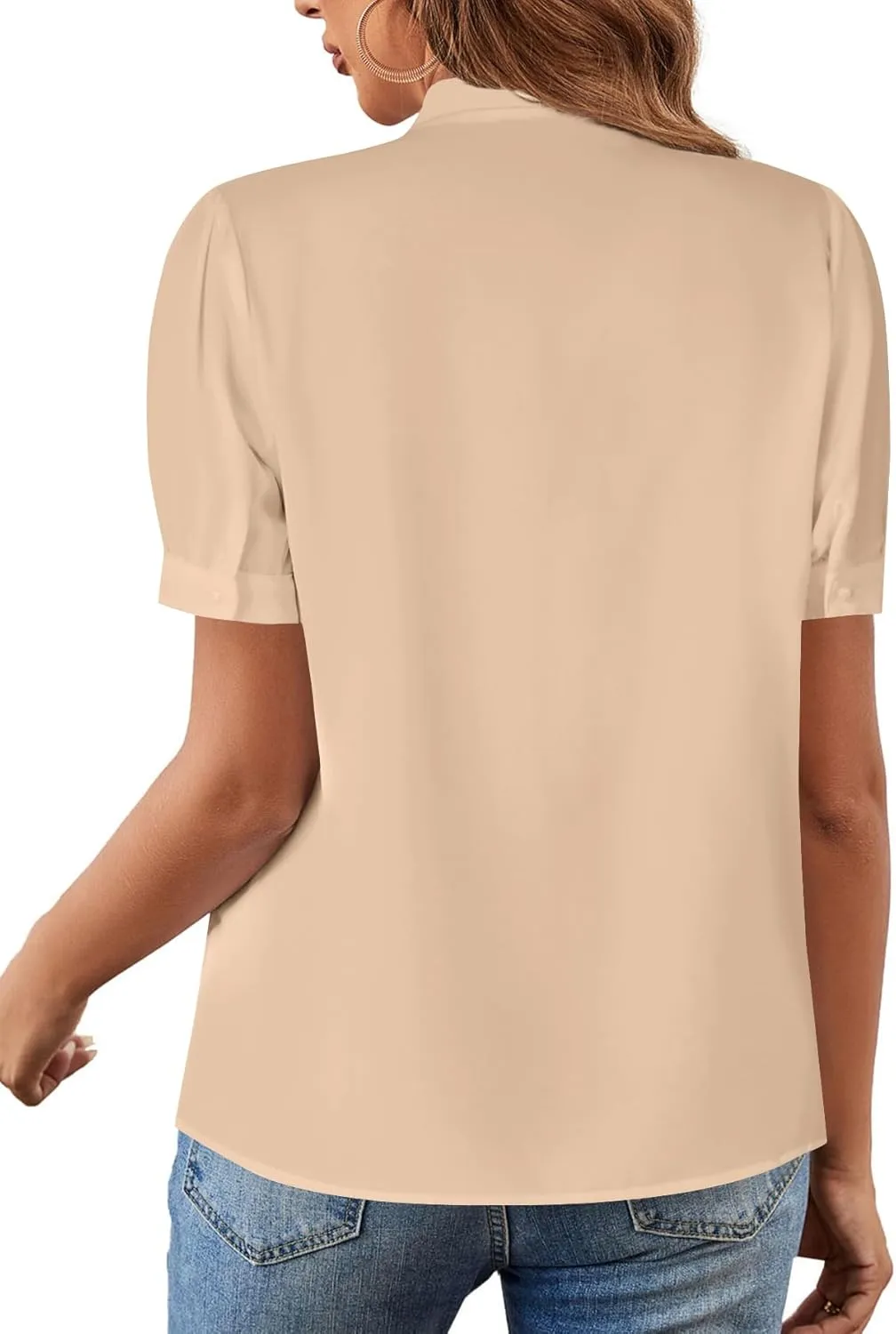 Rooscier Women's Bow Tie Neck Short Sleeve Elegant Office Workwear Blouse Shirt Tops