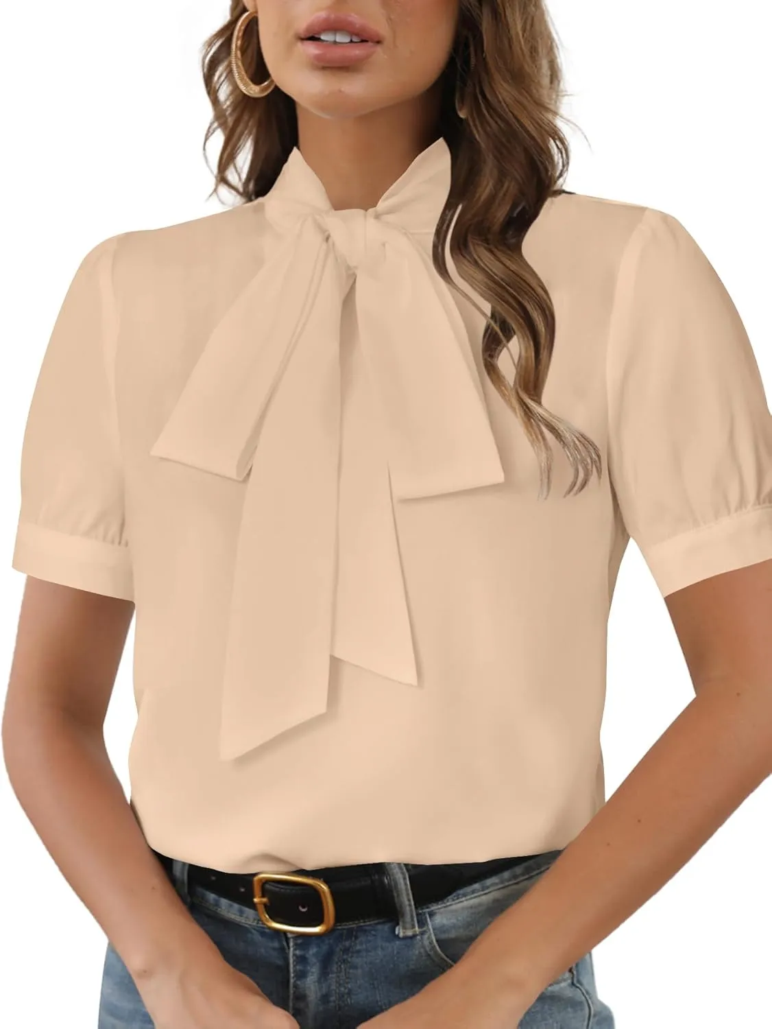 Rooscier Women's Bow Tie Neck Short Sleeve Elegant Office Workwear Blouse Shirt Tops
