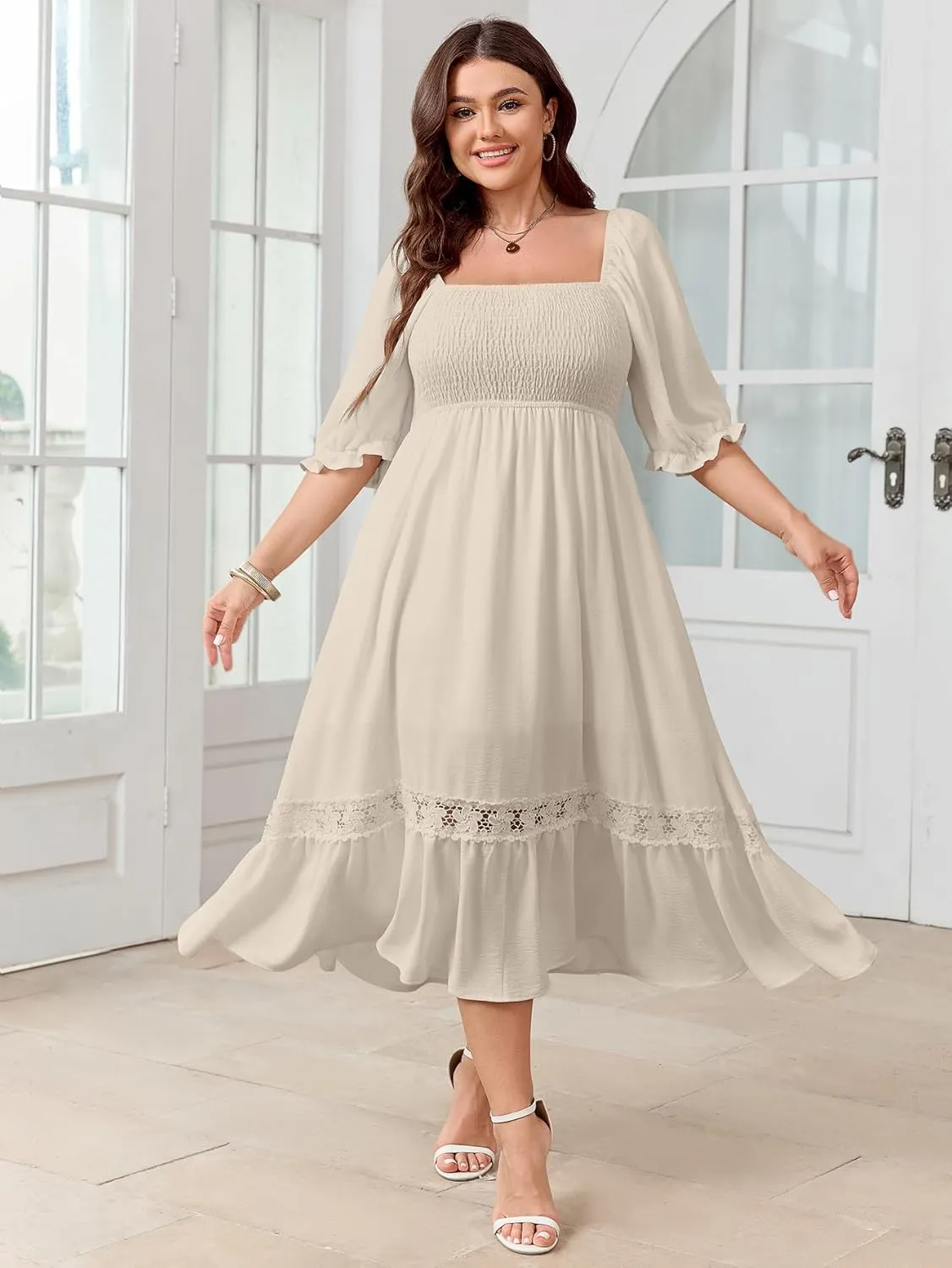 SCOMCHIC Women's Plus Size Maxi Dress Short Sleeve Square Neck Smocked Flowy A-Line Lace Trim Boho Wedding Guest Dresses
