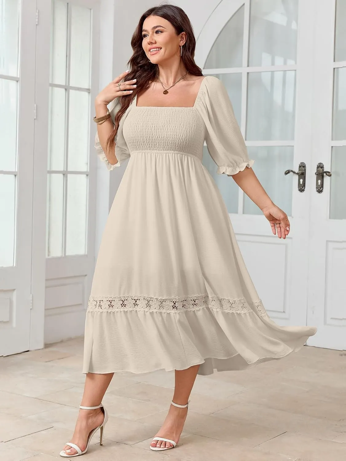 SCOMCHIC Women's Plus Size Maxi Dress Short Sleeve Square Neck Smocked Flowy A-Line Lace Trim Boho Wedding Guest Dresses