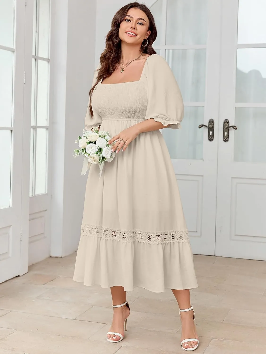 SCOMCHIC Women's Plus Size Maxi Dress Short Sleeve Square Neck Smocked Flowy A-Line Lace Trim Boho Wedding Guest Dresses