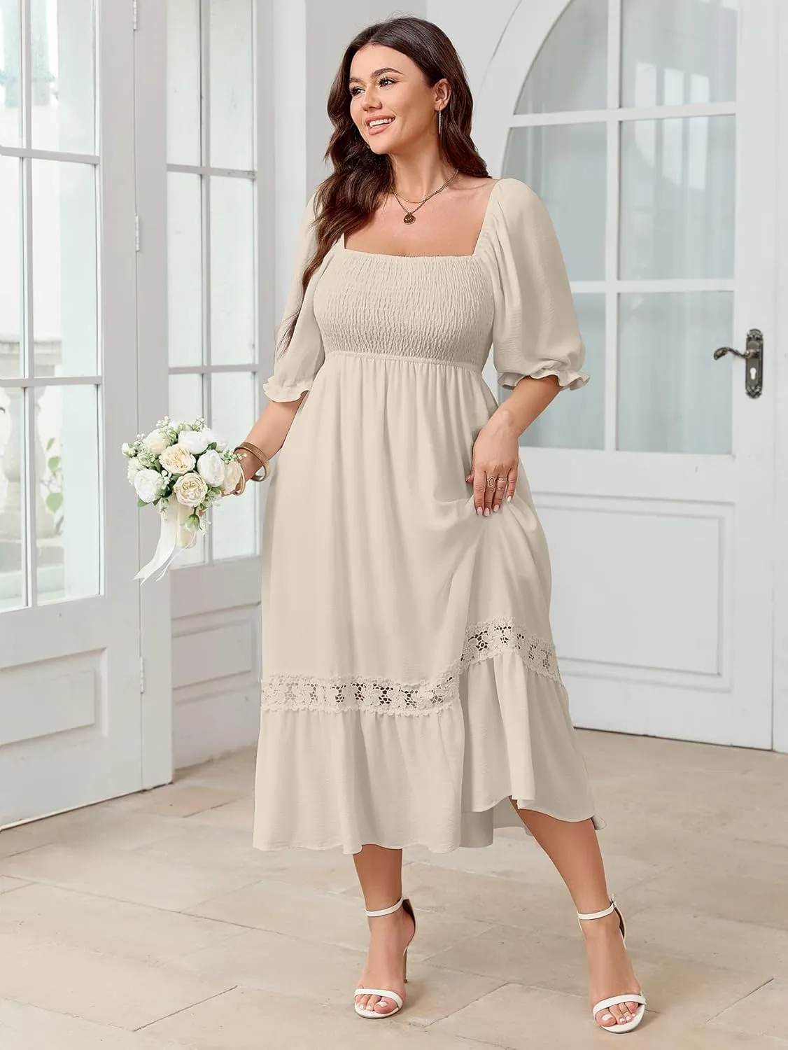 SCOMCHIC Women's Plus Size Maxi Dress Short Sleeve Square Neck Smocked Flowy A-Line Lace Trim Boho Wedding Guest Dresses