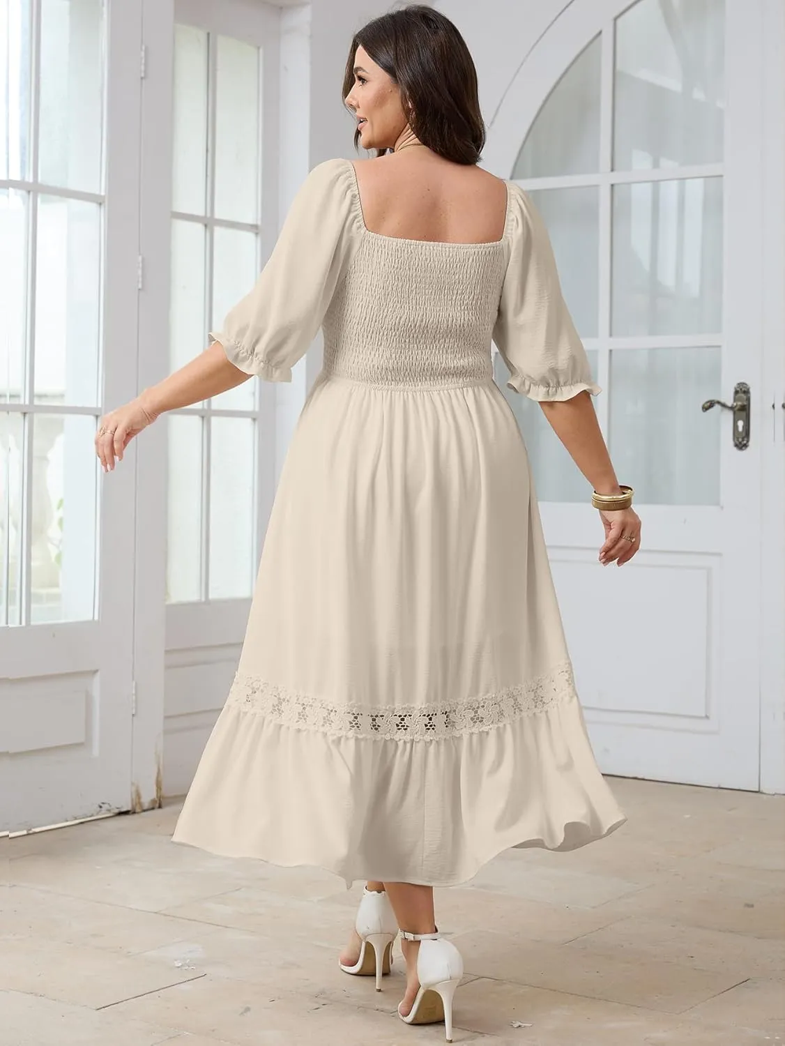 SCOMCHIC Women's Plus Size Maxi Dress Short Sleeve Square Neck Smocked Flowy A-Line Lace Trim Boho Wedding Guest Dresses
