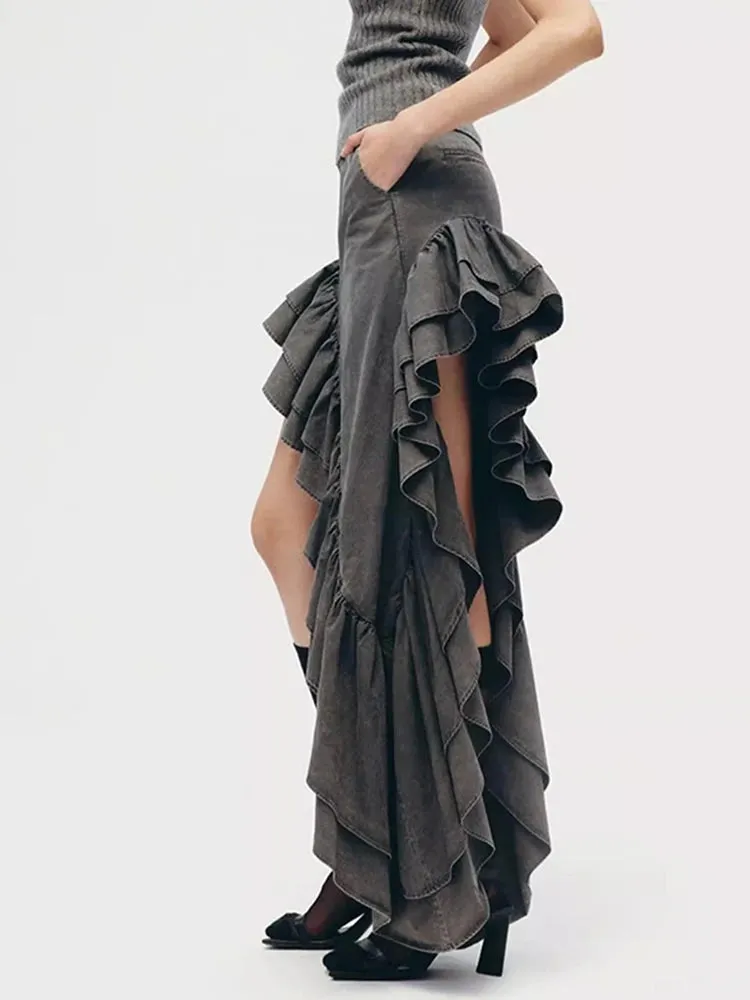 Sexy High Waist Spliced Folds Minimalist Vintage Skirt